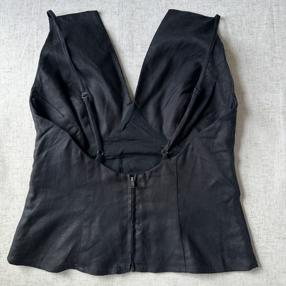 Reformation Evette Linen Top Deep V Black LBT 6 - Picture 6 of 9